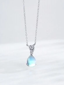 1pc 925 Sterling Silver Moonstone Teardrop Pendant Necklace, Elegant Jewelry Gift For Women Birthday Party - Silver - View 1