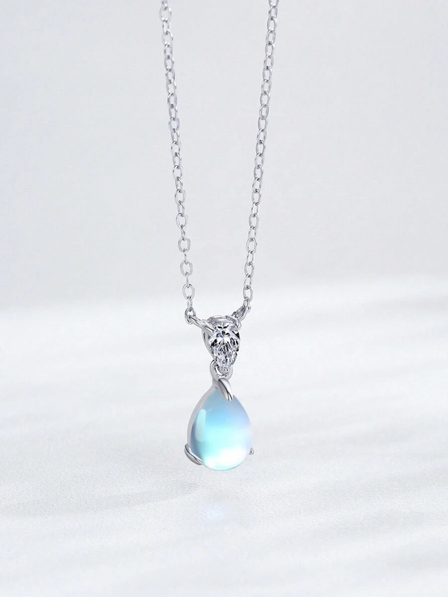1pc 925 Sterling Silver Moonstone Teardrop Pendant Necklace, Elegant Jewelry Gift For Women Birthday Party - Silver - View 1