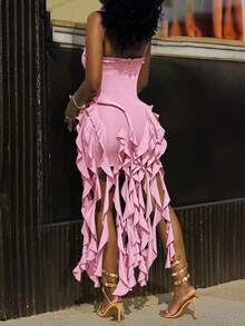 Jellyfish Ruffle Halter Sexy Dress, Graduation Gown - Pink - View 4