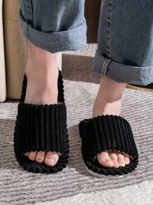 Men's Spring To Summer Black Minimalist Velvet Slippers - Bedroom House Shoes - Black - View 4