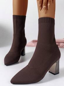 7,5 cm schlanker gestrickter Spitzschuh mit Plateau-Absatz, elastischer Kniehoher Stiefel, Damen, Herbst/Winter 2025 Neuerscheinung - Braun - Übersicht 9