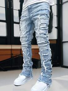 Men's Fashion Streetwear Creative Layered Fringe Detail Jeans, Emo Style - Medium Wash - View 3