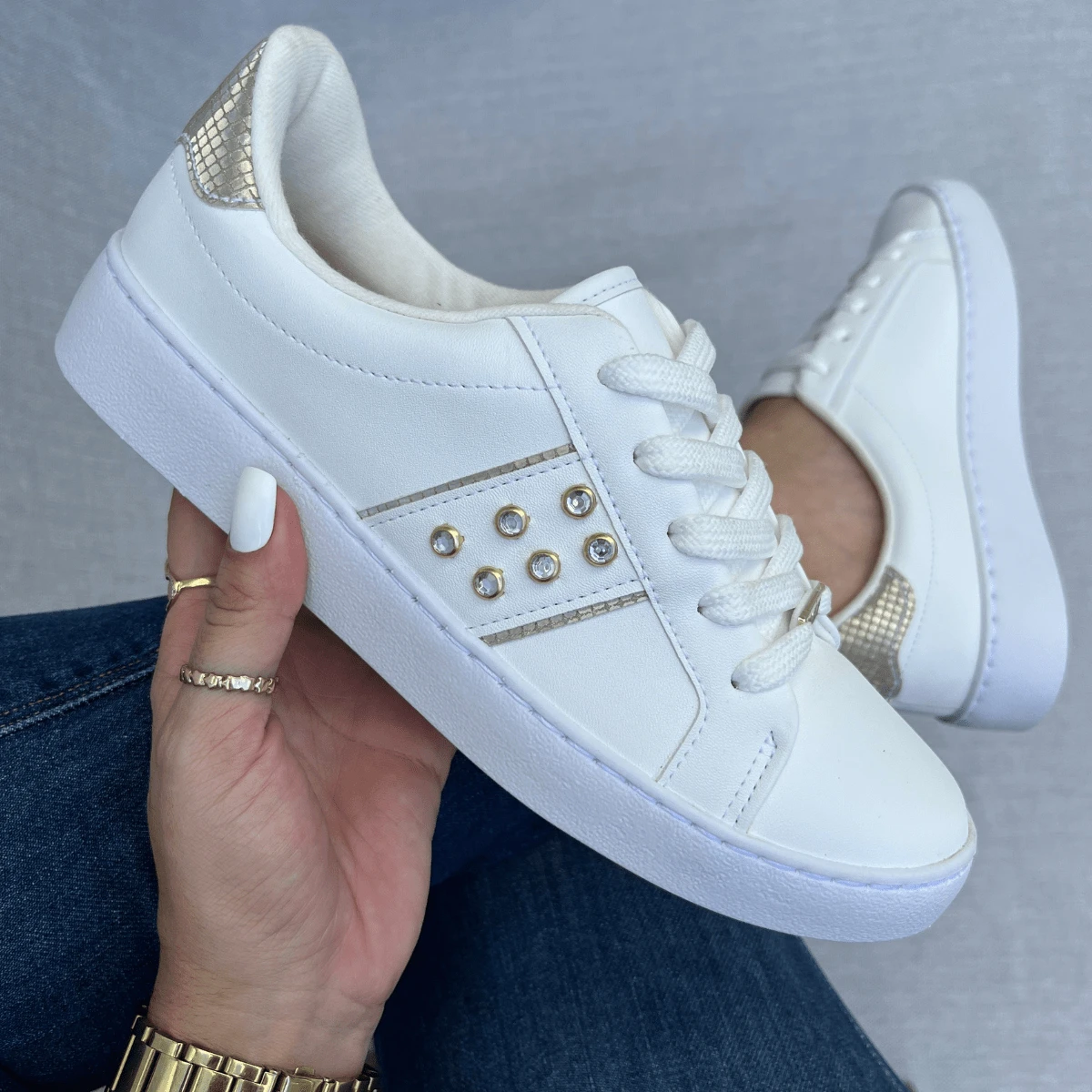 Vizzano Original Stone Shiny Gold Metal Sneakers With Stitched Reinforcement - trắng - Xem 1