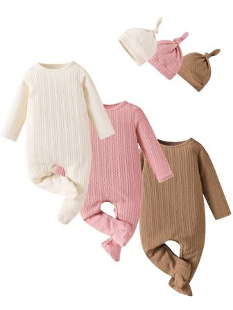 女婴休闲纯色套装三件套，含帽子、长袖连体衣（带脚套）及配饰