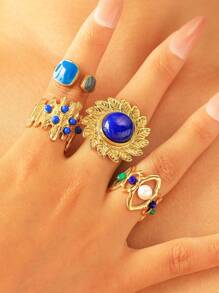 Mazuer 1 Stück vintage goldfarbener vielseitiger eleganter modischer saphirblauer Blatt Blumen doppelseitiger Tropfen Öl Baumstumpf Schmuck Ring, modisches Accessoire Geschenk für Frauen, geeignet für Strand, Party, täglichen Weg zur Arbeit, Urlaub