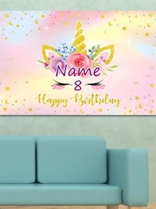1pc Customized Rainbow Unicorn Happy Birthday Party Decoration Watercolor Floral Glitter Stars Photography Backdrop, Customizable Name And Age