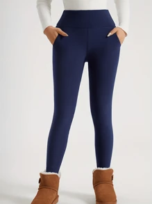 Women's Wool Leggings, Thermal Thermal Lined , High Waisted, Skinny, Thick Plush Pockets, Winter - Blue - View 2