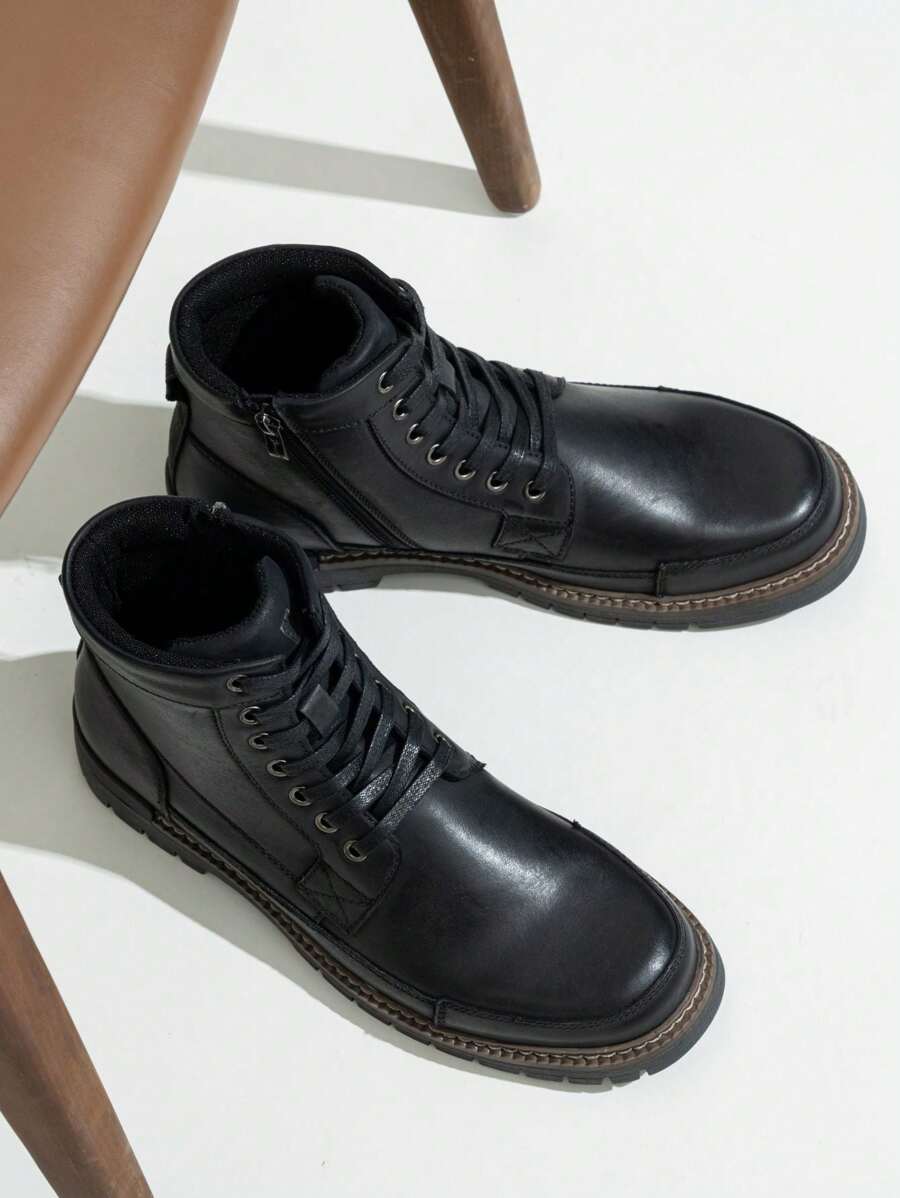 SHOESMALL Men's Leather Boots Chukka Motorcycle Boots Premium Casual Combat Ankle Dress Boots - AMY8183A-black - View 1