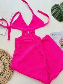 Open Back Midi Dress With Tie Neck Embroidered New Collection Women's Fashion - 玫紅色 - 查看 2