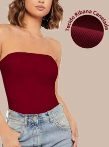 Women's Off Shoulder Blouse TOP TUBE GRINGA Ribbed Tailored Strapless Straight Solid Knitted Essential Basic Casual - 酒紅色 - 查看 2
