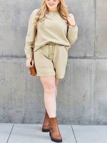 Women's Casual Two-Piece Set Textured Solid Color Two-Piece Short Set With Pocket Brown Long Sleeve Pullover Relaxed Fit Drawstring Waist Shorts With Pocket Crew Neck Hip-Length Solid Color Fall Comfortable Loungewear Outing