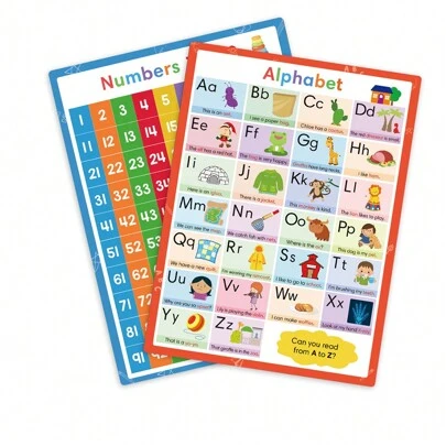 Lachilly 2 Pcs A4 Kids Alphabet & Numbers Learning Poster - Kindergarten Preschool Early English Language & Math Learning Educational Wall Chart (Size 29.2*21.5cm)