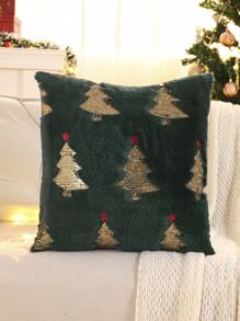 1pc Christmas Tree Star Pattern Decorative Plush Cushion Cover With Golden Sequins, Suitable For Autumn/Winter - Dark Green - View 15