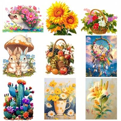 1set Adult Printed Cross Stitch Kit, Full Series Include Rabbit, Flower, Animal, Cross Stitch Needle Embroidery Kits For Beginners DIY, 11CT Middle Grid 3-Ply Embroidery Thread, Entry Level Kit