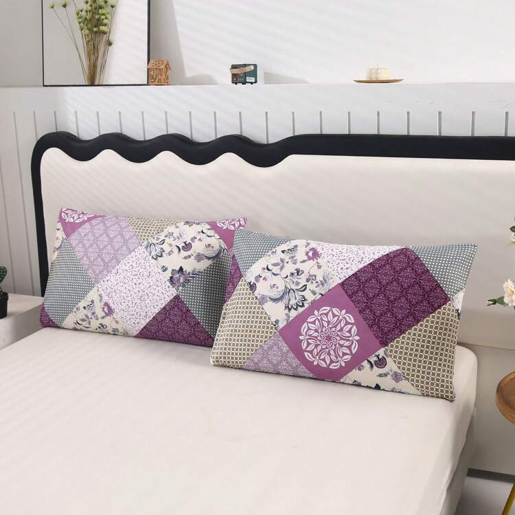 3pcs Printed Brushed Fitted Sheet Set [1pc Fitted Sheet + 2pcs Pillow Cases] Without Duvet. [Pillow Case Color Random]. No Filler. Soft & Comfortable. Suitable For Bedroom, Hotel, Dorm, School, Vacation Rental - Multi-grid-purple - View 3