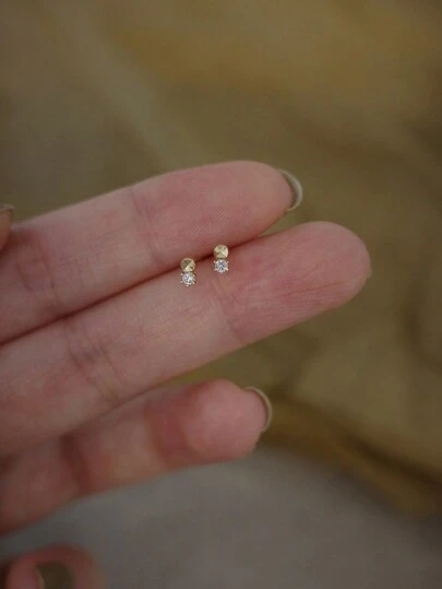 1 Pair S925 Sterling Silver Minimalist Precise Cut Zirconia Stud Earrings For Women, Daily Wear And Gift