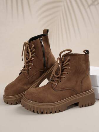Women's Side Zipper Design Boots Ankle Boots Short Lace-Up Motorcycle Boots, Fashionable And Elegant, New Design Block Heel Brown & Nude Color Short Boots, Suitable For Autumn/Winter,Boots For Women