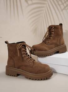 女式侧拉链设计靴子踝靴短款系带摩托车靴，时尚优雅，新款粗跟棕色和裸色短靴，适合秋冬，女靴