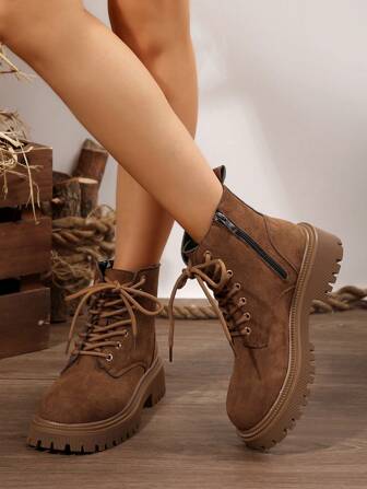 Women's Side Zipper Design Boots Ankle Boots Short Lace-Up Motorcycle Boots, Fashionable And Elegant, New Design Block Heel Brown & Nude Color Short Boots, Suitable For Autumn/Winter,Boots For Women