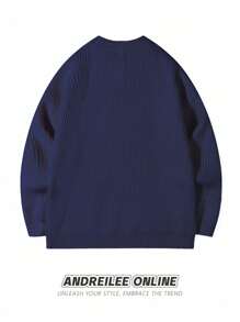 ANDREILEE Men's Casual Textured Knit Sweater, Loose Fit Crew Neck Pullover, Warm And Versatile For Spring, Autumn, Winter - Navy Blue - View 4