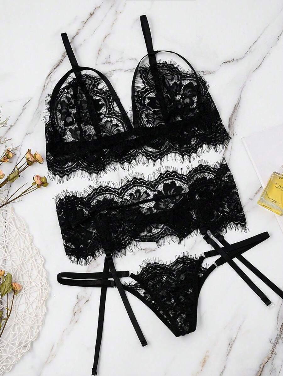 性感透明睫毛蕾丝内衣套装，配有可调节吊袜带，万圣节风格角色扮演（包括大腿带） - 黑色 - 查看 1