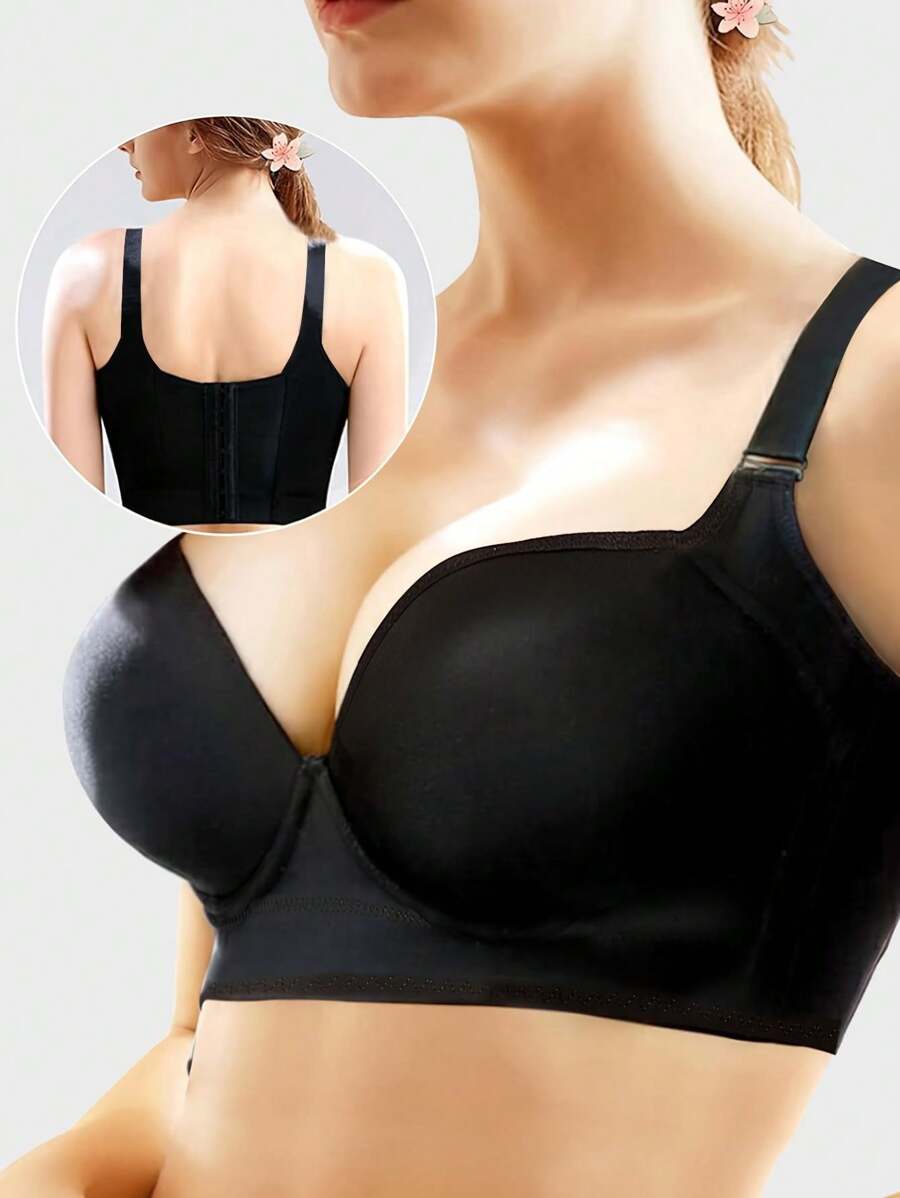Women's Black Comfort Seamless Deep V Push-Up Adjustable Bra Sports Beautify The Back Bra - 黑色 - 查看 1