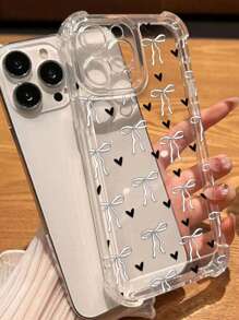 Apple Cute Bow Tie And Heart Design Transparent Shockproof Phone Case Compatible With IPhone 14/15/16/16 Pro Max/12 Pro/11/Xr/Xs/7/8 Plus - TPU Material - 無色 - 查看 2