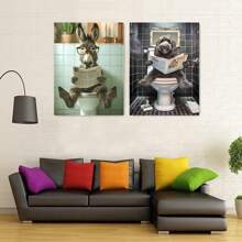 2 pièces Affiche sur canevas avec animaux humoristiques, Art sur canevas avec un âne drôle sur les toilettes - Retriever doré noir lisant des journaux sur les toilettes, Décoration murale créative pour salle de bain, Décoration de chambre à coucher, SANS cadre