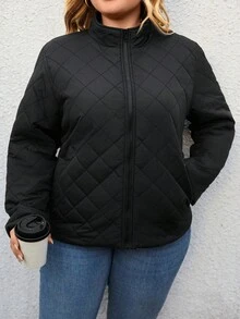 大码女式黑色休闲宽松夹棉外套，适合秋冬季