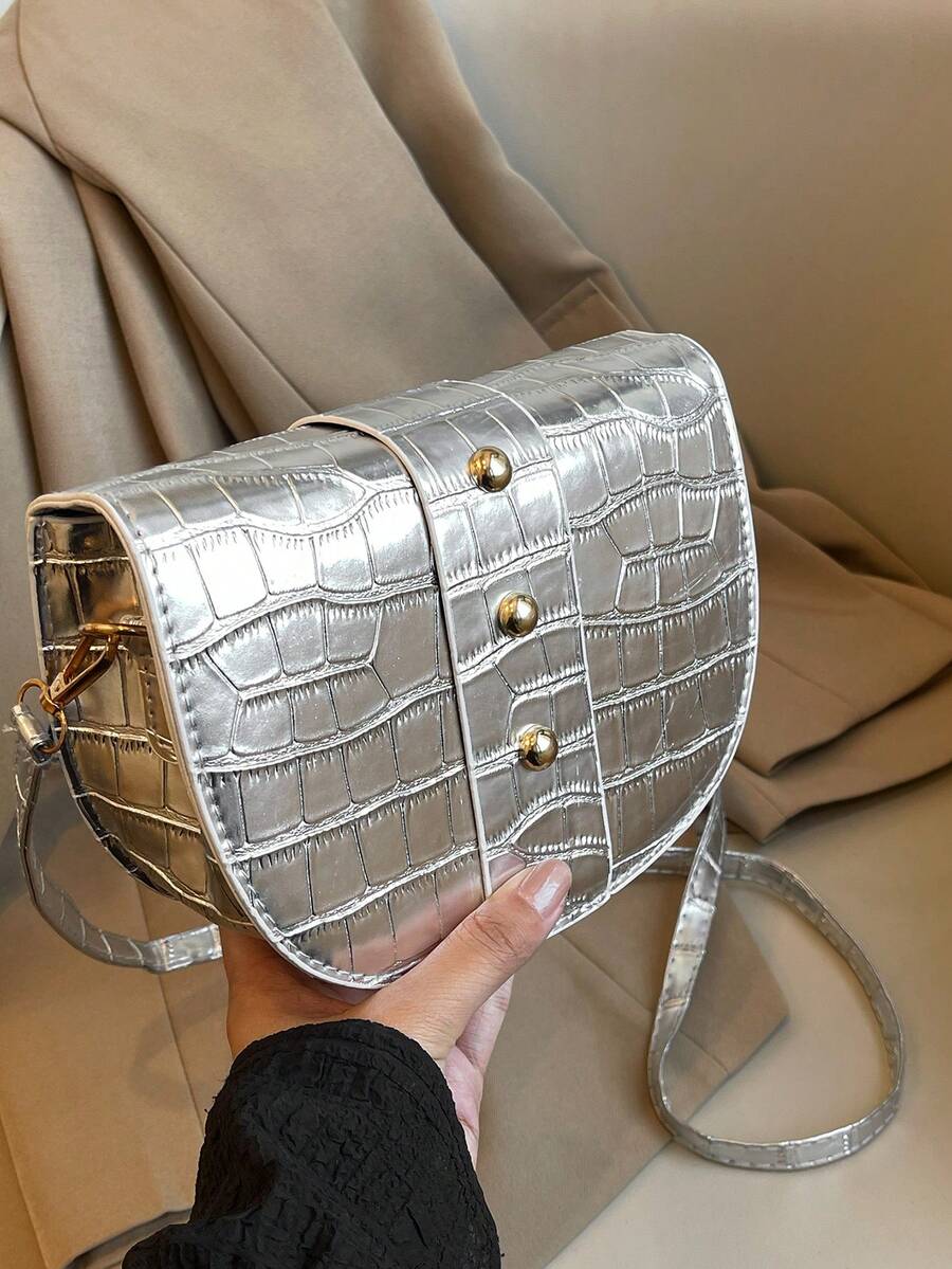 时尚纯色宝石纹理与鳄鱼纹翻盖迷你马鞍肩斜挎包女士包