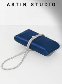 1pc Shiny Rhinestone Decor Box Clutch Purse, Satin Banquet Bag, Formal Party Evening Bag, Chain Shoulder Bag, Fashion Formal Dress Clutch Bag, Wedding Party Bag