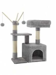 Feandrea Cat Tree, Small Cat Condo, 72 Cm, 3 Pompoms, Light Grey