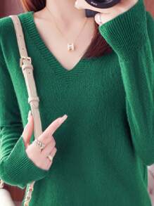 Women's Solid Color V-Neck Knitted Bottoming Shirt Autumn And Winter New Set Of Thin Sweater Thin Section Of The Fashion Inner Tie - 綠色 - 查看 4