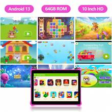 PRITOM 10 Zoll Kinder Tablet Android 13 Tablet, 2GB (2GB + 2GB erweiterbar), 64GB, Quad-Core, 1280*800 großes HD IPS Display, 2,4G WLAN, 2MP + 8MP Kamera, 6000mAh, Kleinkindtablet für Kinder, Elternkontrolle, Lerncomputer für Kinder mit Hülle (kein Adapter)