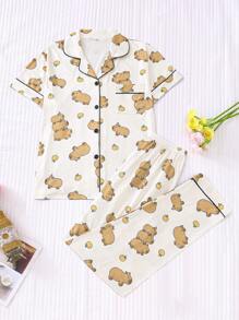 2 件套女士水豚印花睡衣套装，舒适翻领短袖上衣和宽松松紧腰裤，休闲户外/室内纯色家居睡衣和家居服