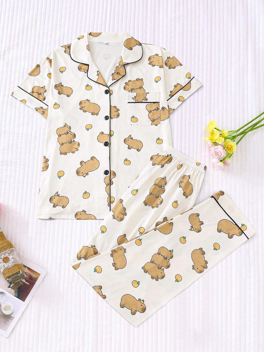 2 件套女士水豚印花睡衣套装，舒适翻领短袖上衣和宽松松紧腰裤，休闲户外/室内纯色家居睡衣和家居服