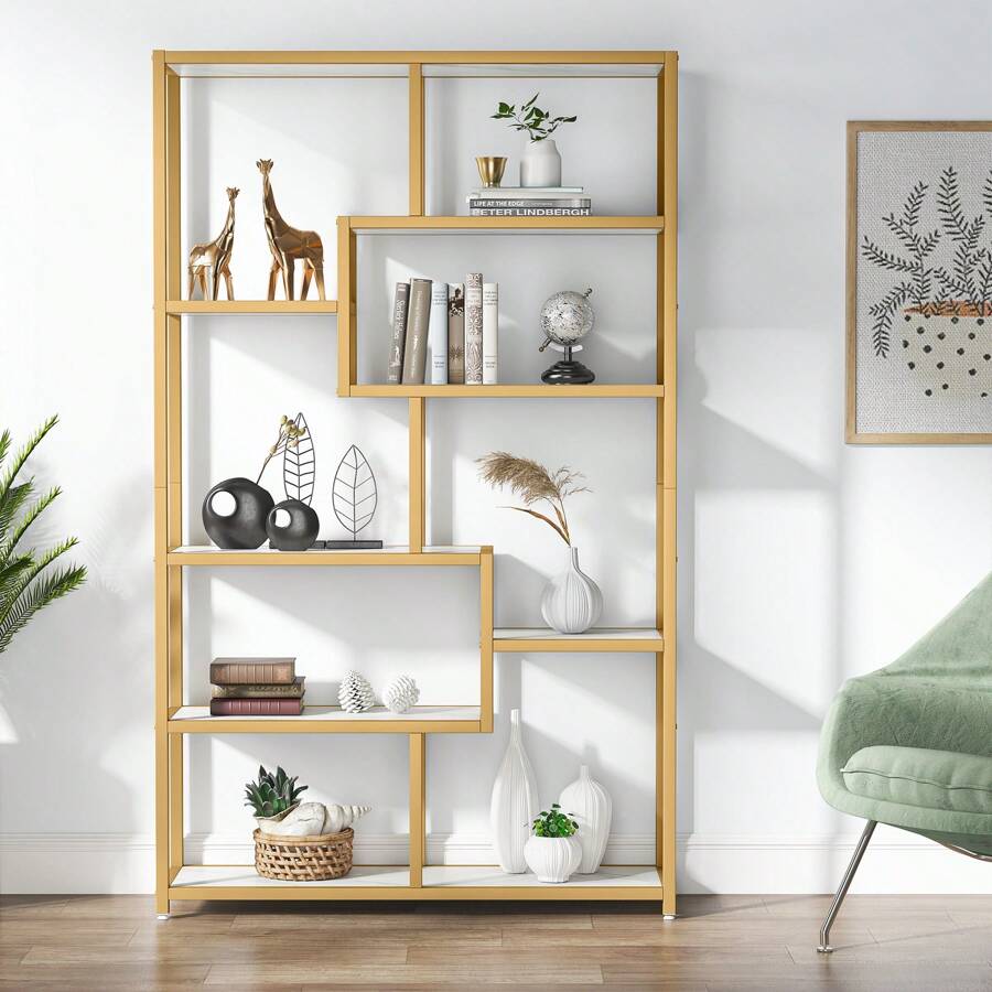 Bibliothèque Tribesigns, étagère de bureau 180 cm avec 8 étagères ouvertes, étagère avec structure en métal, étagère sur pied moderne dorée pour salon, bureau, bureau, blanc + or - Doré - Voir 1