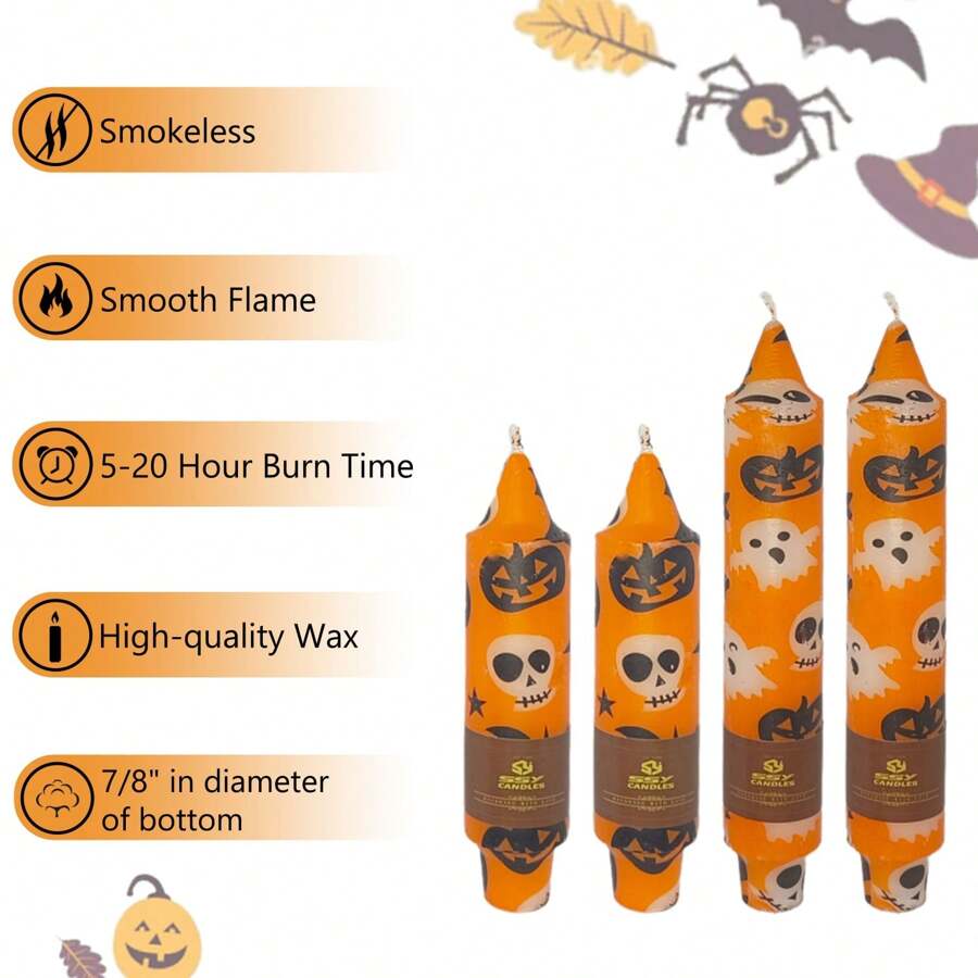 4-Pack Painted Candles Halloween Pumpkin/Santa Claus Print Candles, 5/7 Inch Short Candles Christmas Tree Party Decorations Perfect Christmas/Halloween Gifts, Handmade Short Candle Holders - 橘色 - 查看 1