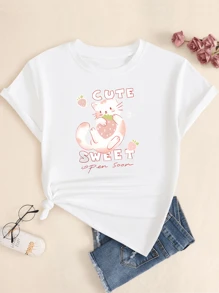 T-Shirt Blouse Cute Rabbit Printed Baby Look Shirt Cotton Casual Women's - 白色 - 查看 1