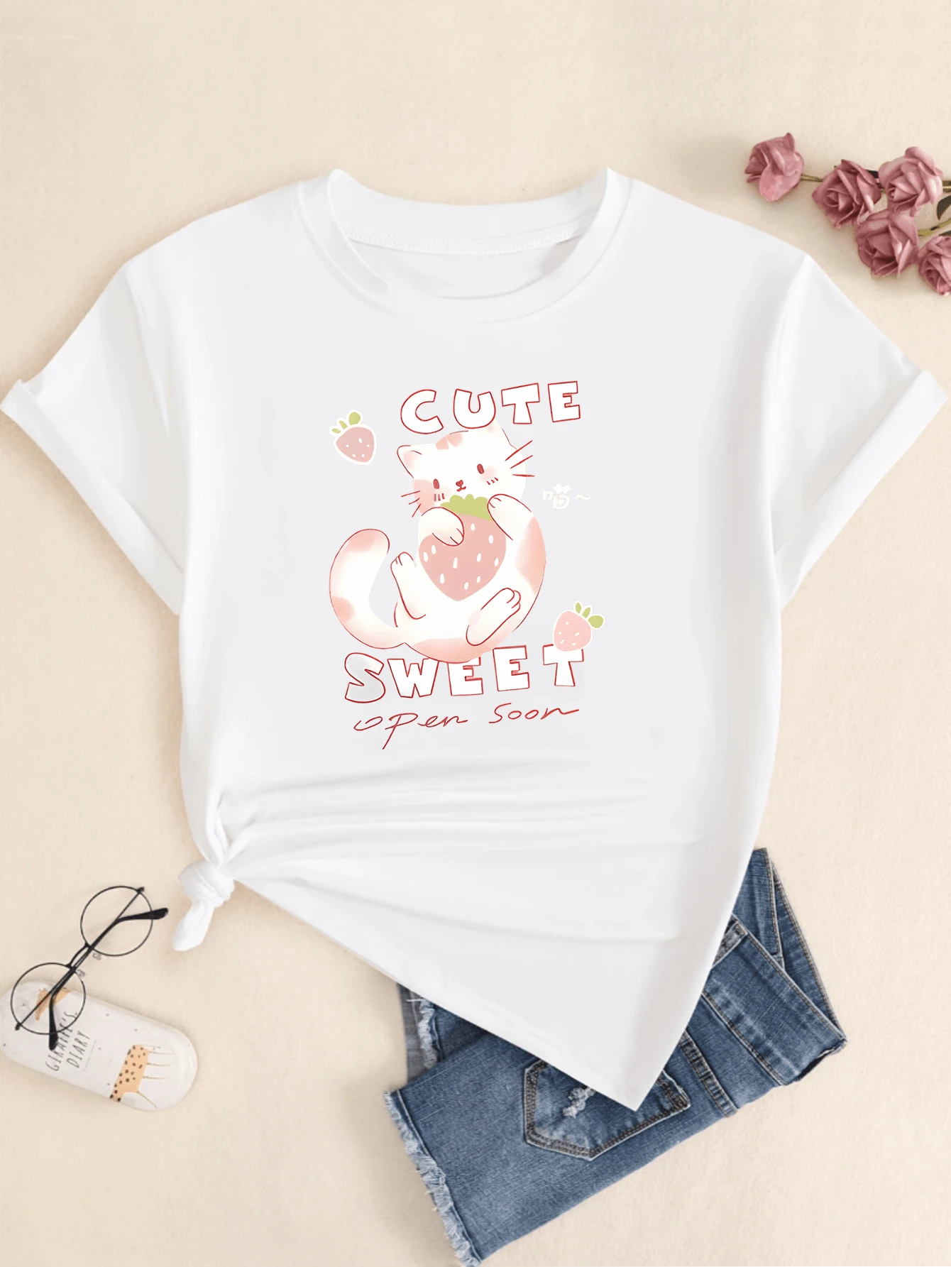 T-Shirt Blouse Cute Rabbit Printed Baby Look Shirt Cotton Casual Women's - 白色 - 查看 1
