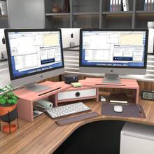 Dual 3 Shelf Computer Riser With Drawer, Adjustable Length And Angle, Desktop 2 Monitor Stand Storage Organizer - 粉色 - 查看 2