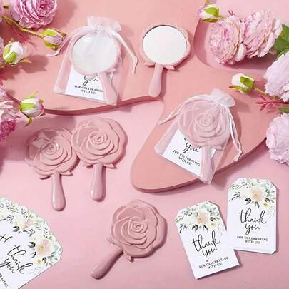 18 piezas, Espejos compactos de plástico con diseño de rosa como detalles de boda, tarjetas de agradecimiento con bolsas de organza, regalos para la fiesta de bodas, regalos para las damas de honor y suministros para la fiesta nupcial