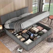 Sweiko Upholstered Bed, Double Bed, Hydraulic Functional Bed, Velvet, Striped Style, Continental Bed, Height-Adjustable Headboard, 160 X 200, Grey, Hydraulic Double Bed With Adjustable Headboard - Grey - View 1