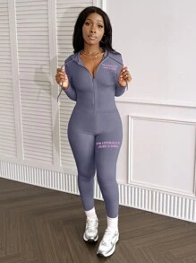 LovelyWholesale Women'S Sports Hooded Long Sleeved Letter Printed Zipper Jacket And Tight Pants Set For Spring And Autumn