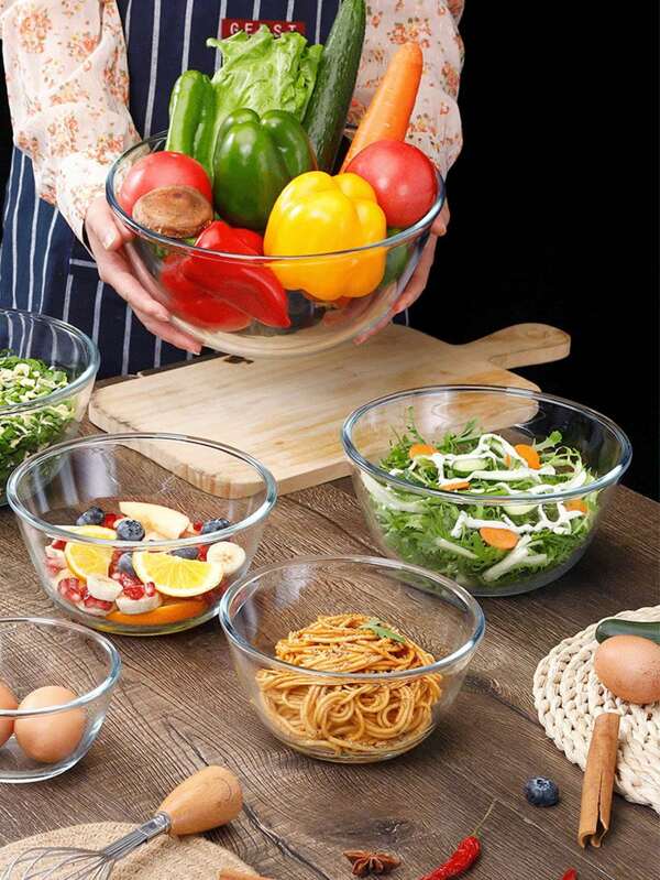 1pc High Temperature Resistant Clear Glass Bowl, Thick Mixing Bowl, Microwave Safe Borosilicate Glass Bowl, Large And Medium Size For Home Use Christmas Gift