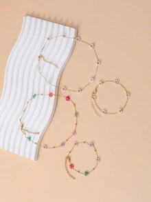 1 Bộ trang sức làm thủ công vòng cổ và vòng tay đính hạt hoa phong cách Bohemian, thép không gỉ, khoảng cách ngẫu nhiên và màu sắc hỗn hợp - hoa bện - Xem 2