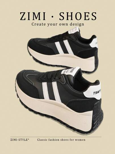 新款女士厚底运动鞋，增高，透气，厚底，拼色，休闲运动鞋，2024 年秋季