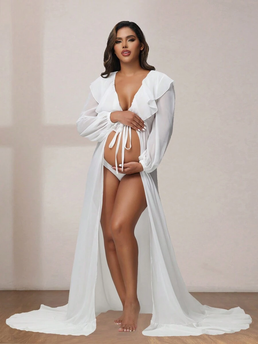 Maternity Ruffle Lantern Sleeve Chiffon Robe Gown Dress For Photoshoot