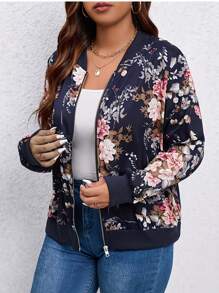 Plus Size Casual Baseball Collar Floral Print Jacket, Autumn - Navy Blue - View 1
