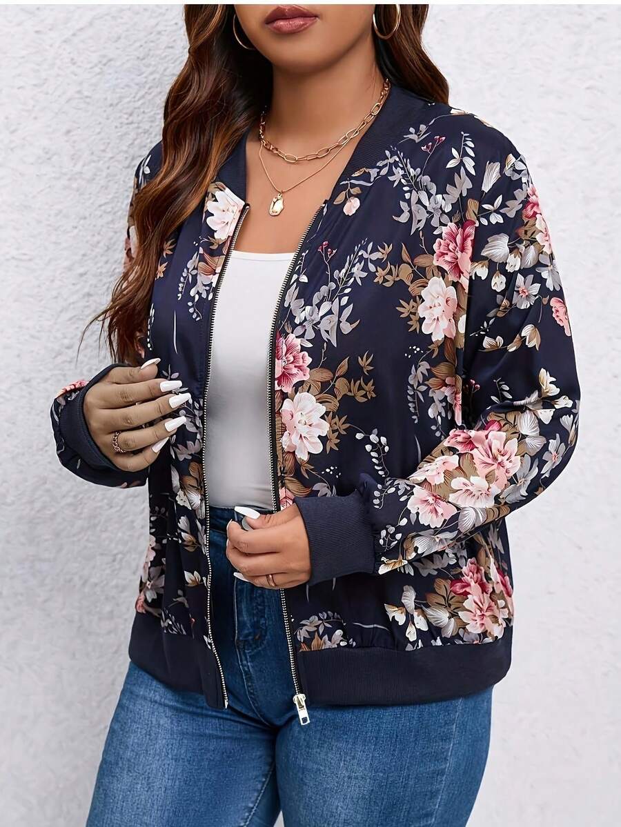Plus Size Casual Baseball Collar Floral Print Jacket, Autumn - Navy Blue - View 1